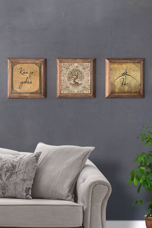 Solid (Wooden) Framed Set of 3 Stone Painting Panel 11" x 11" Kunfe Yekun Tree of Life