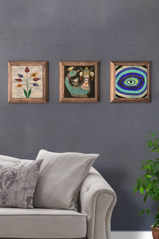 Solid (Wooden) Framed Set of 3 Stone Painting Panel 11" x 11" Ebruli Şahmeran Evil Eye