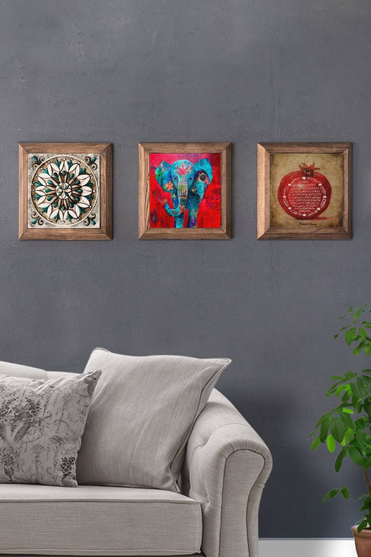 Solid (Wooden) Framed Set of 3 Stone Painting Panel 11" x 11" Pattern Elephant Pomegranate Prayer