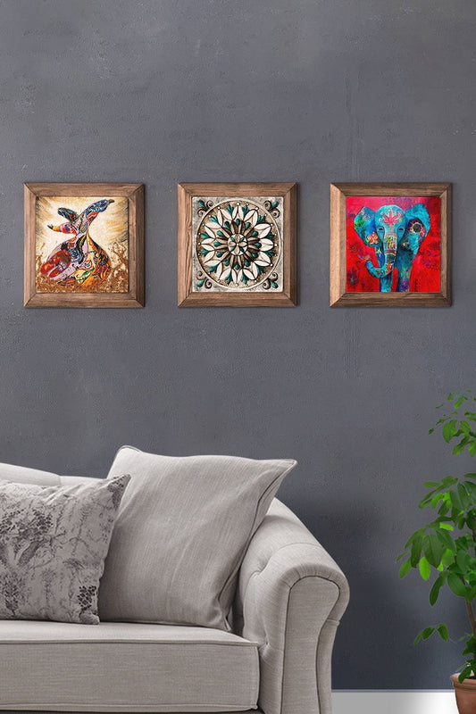 Solid (Wooden) Framed Set of 3 Stone Painting Panel 11" x 11" Whirling Dervish Pattern Elephant