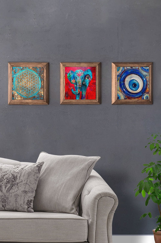 Solid (Wooden) Framed Set of 3 Stone Painting Panel 11" x 11" Flower of Life Elephant Evil Eye