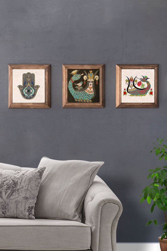 Solid (Wooden) Framed Set of 3 Stone Painting Panel 11" x 11" Shahmeran Fatma Ana Hand