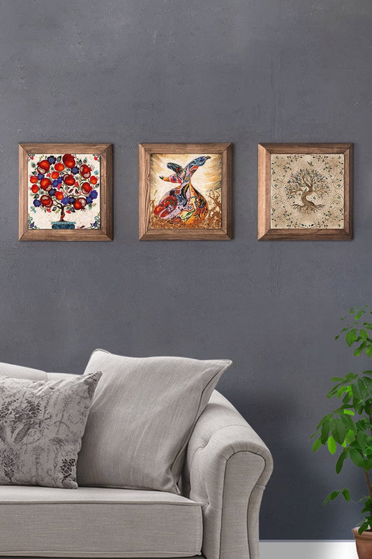 Solid (Wooden) Framed Set of 3 Stone Painting Panel 11" x 11" Whirling Dervish Shahmaran Pomegranate
