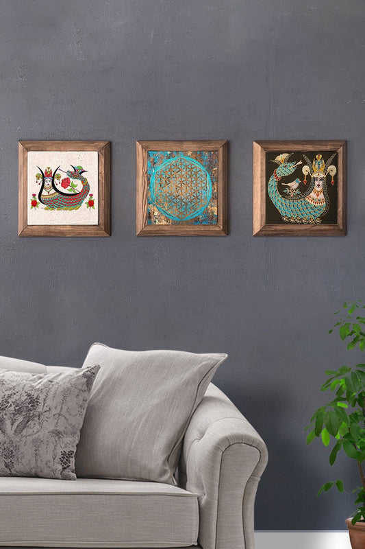 Solid (Wooden) Framed Set of 3 Stone Painting Panel 11" x 11" Shahmaran Flower of Life