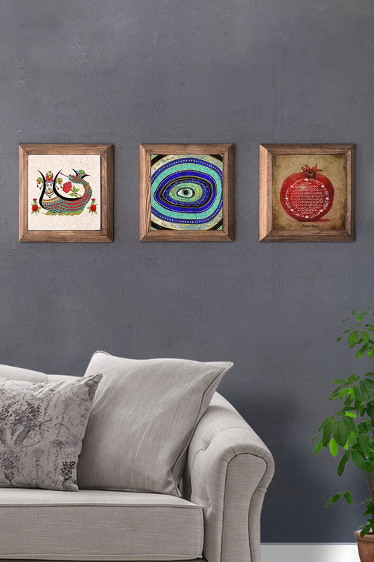 Solid (Wooden) Framed Set of 3 Stone Painting Panel 11" x 11" Şahmeran Evil Eye
