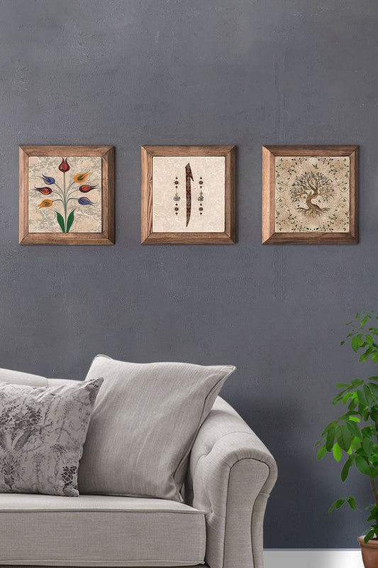 Solid (Wooden) Framed Set of 3 Stone Painting Panel 11" x 11" Ebruli Elif Tree of Life