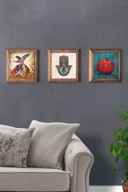 Solid (Wooden) Framed Set of 3 Stone Painting Panel 11" x 11" Pomegranate Fatma Mother Whirling Dervish