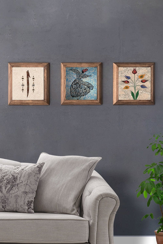 Solid (Wooden) Framed Set of 3 Stone Painting Panel 11" x 11" Elif Semazen Ebruli