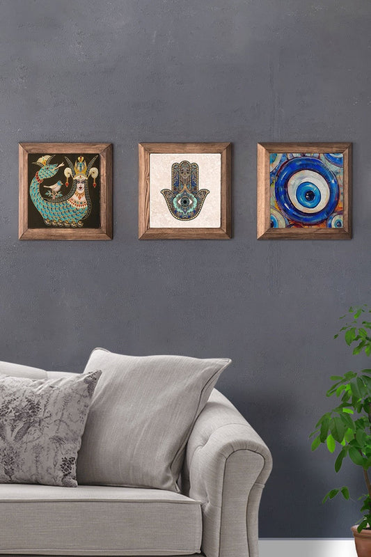 Solid (Wooden) Framed Set of 3 Stone Painting Panel 11" x 11" Shahmeran Evil Eye Bead