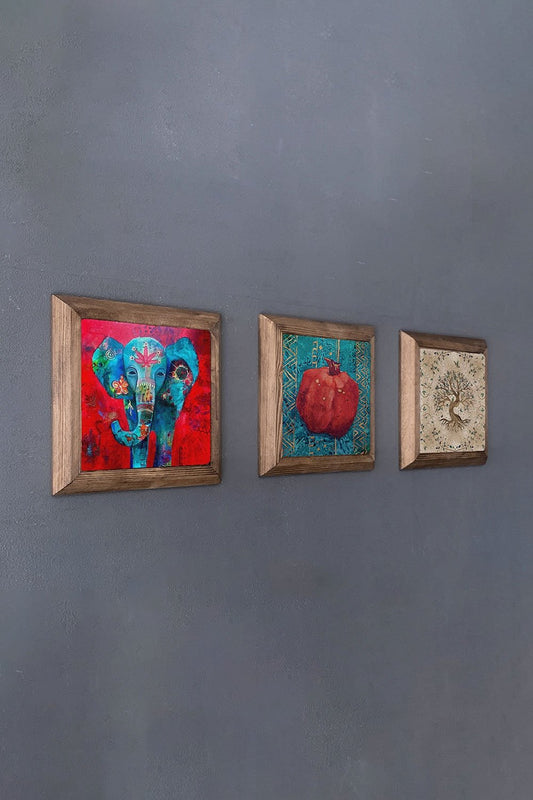 Solid (Wooden) Framed Set of 3 Stone Painting Panel 11" x 11" Elephant Pomegranate Tree of Life
