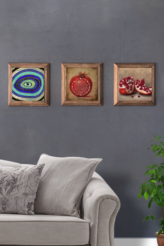 Solid (Wooden) Framed Set of 3 Stone Painting Panel 11" x 11" Evil Eye Pomegranate Prayer Pomegranate