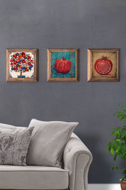 Solid (Wooden) Framed Set of 3 Stone Painting Panel 11" x 11" Pomegranate Tree Pomegranate and Pomegranate Prayer