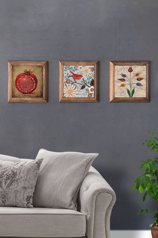 Solid (Wooden) Framed Set of 3 Stone Painting Panel 11" x 11" Pomegranate Prayer Bird Ebruli