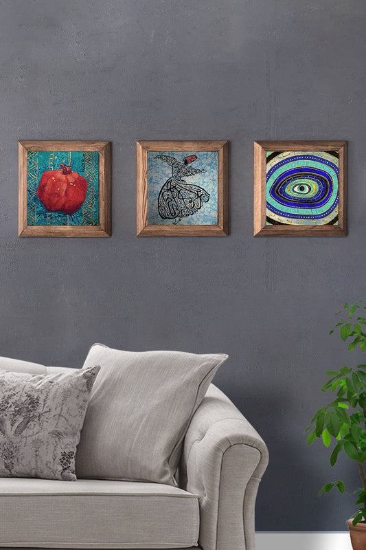 Solid (Wooden) Framed Set of 3 Stone Painting Panel 11" x 11" Pomegranate Whirling Dervish Evil Eye