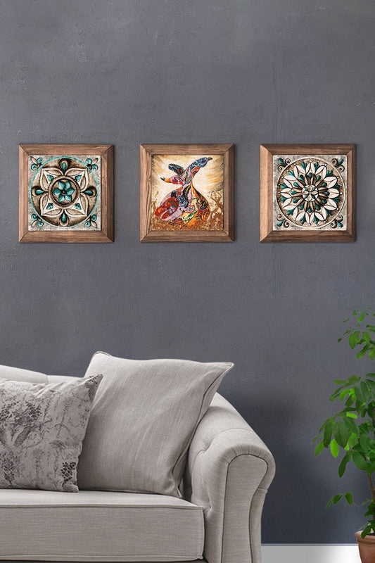 Solid (Wooden) Framed Set of 3 Stone Painting Panel 11" x 11" Pattern Set Whirling Dervish