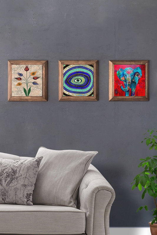 Solid (Wooden) Framed Set of 3 Stone Painting Panel 11" x 11" Marbled Elephant Evil Eye