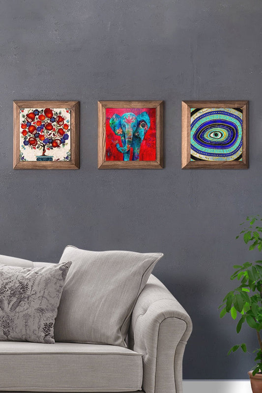 Solid (Wooden) Framed Set of 3 Stone Painting Panel 11" x 11" Pomegranate Tree Evil Eye Elephant