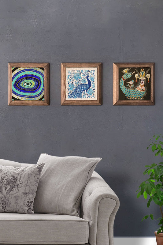 Solid (Wooden) Framed Set of 3 Stone Painting Panel 11" x 11" Peacock Shahmaran