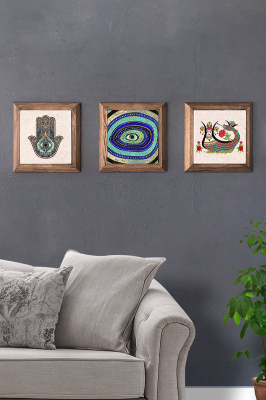 Solid (Wooden) Framed Set of 3 Stone Painting Panel 11" x 11" Evil Eye Fatma Ana Hand