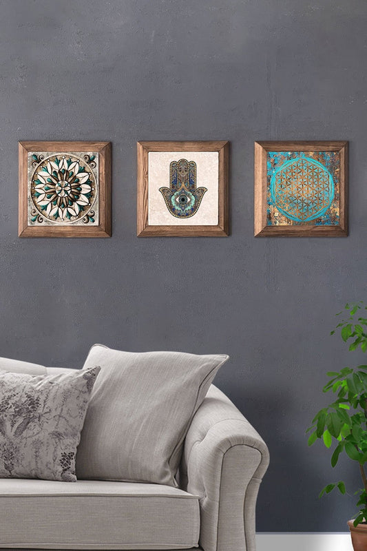 Solid (Wooden) Framed Set of 3 Stone Painting Panel 11" x 11" Fatma Mother Flower of Life
