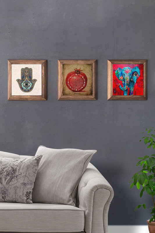 Solid (Wooden) Framed Set of 3 Stone Painting Panel 11" x 11" Fatma the Elephant Mother Pomegranate Prayer
