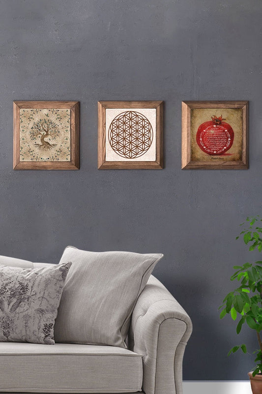 Solid (Wooden) Framed Set of 3 Stone Painting Panel 11" x 11" Pomegranate Prayer Tree of Life