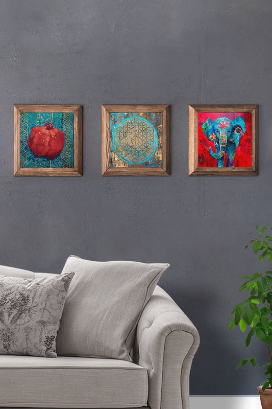 Solid (Wooden) Framed Set of 3 Stone Painting Panel 11" x 11" Pomegranate Flower of Life Elephant