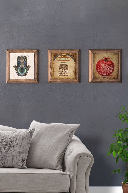 Solid (Wooden) Framed Set of 3 Stone Painting Panel 11" x 11" Fatma Ana Ayetel Pomegranate Prayer