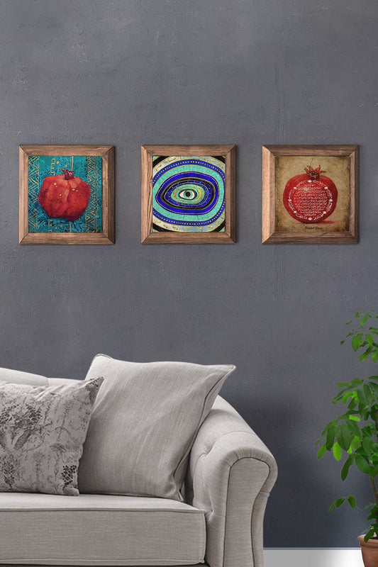 Solid (Wooden) Framed Set of 3 Stone Painting Panel 11" x 11" Pomegranate Prayer Evil Eye Pomegranate