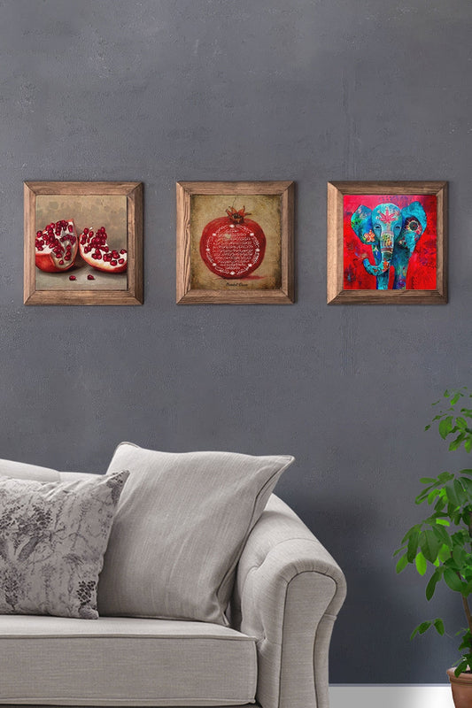 Solid (Wooden) Framed Set of 3 Stone Painting Panel 11" x 11" Pomegranate Praying Elephant