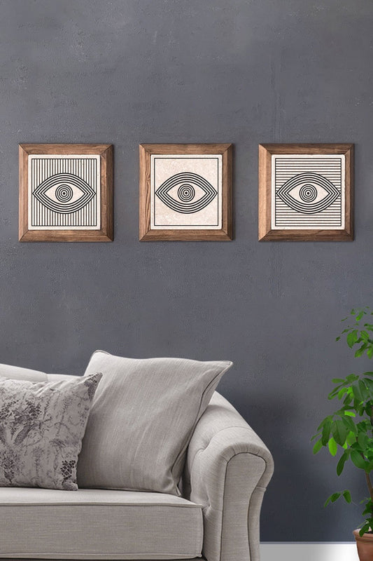 Solid (Wooden) Framed Set of 3 Stone Painting Panel 11" x 11" Evil Eye Geometric