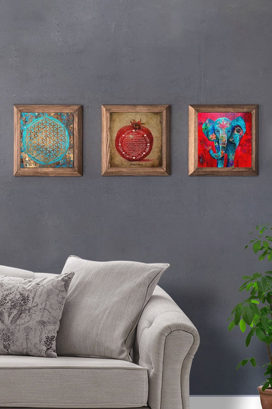 Solid (Wooden) Framed Set of 3 Stone Painting Panel 11" x 11" Flower of Life Pomegranate Elephant