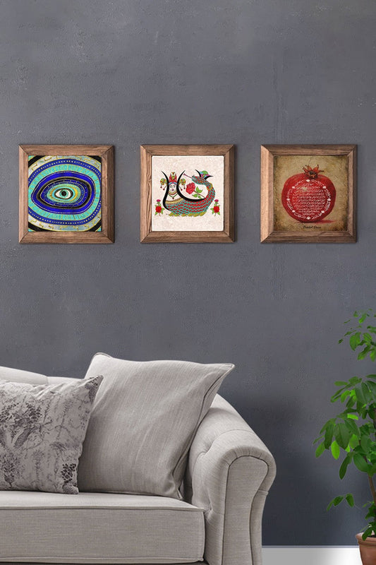 Solid (Wooden) Framed Set of 3 Stone Painting Panel 11" x 11" Evil Eye Shahmaran Pomegranate