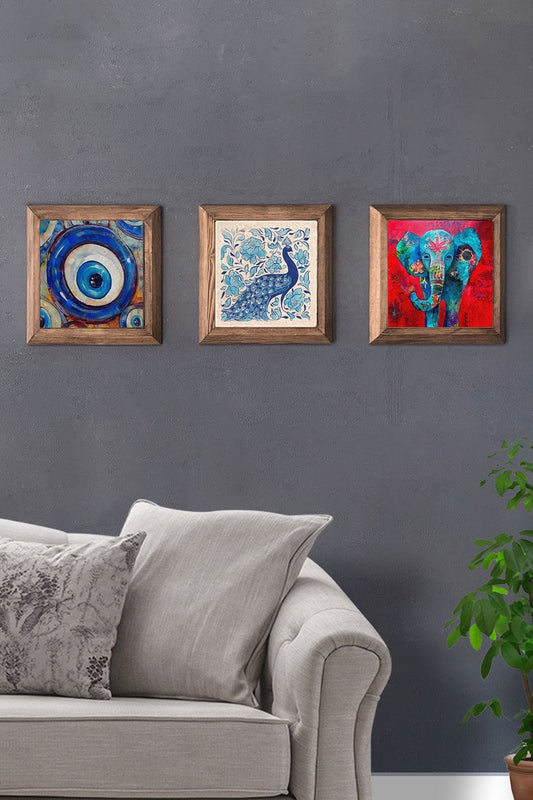 Solid (Wooden) Framed Set of 3 Stone Painting Panel 11" x 11" Peacock Evil Eye Bead