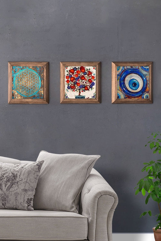 Solid (Wooden) Framed Set of 3 Stone Painting Panel 11" x 11" Pomegranate Tree Evil Eye