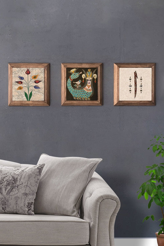 Solid (Wooden) Framed Set of 3 Stone Painting Panel 11" x 11" Ebruli Şahmeran Elif