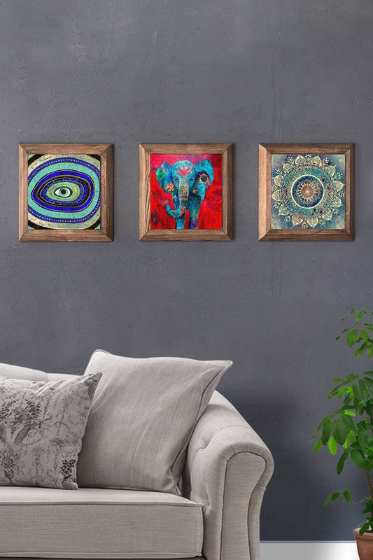 Solid (Wooden) Framed Set of 3 Stone Painting Panel 11" x 11" Elephant Evil Eye