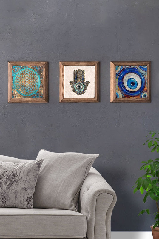 Solid (Wooden) Framed Set of 3 Stone Painting Panel 11" x 11" Flower of Life Nazar Fatma