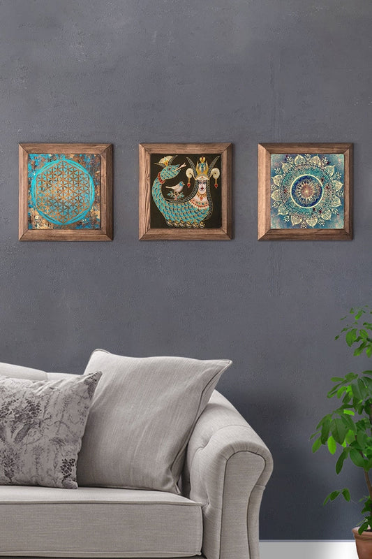 Solid (Wooden) Framed Set of 3 Stone Painting Panel 11" x 11" Flower of Life Shahmaran