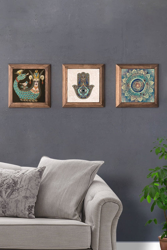 Solid (Wooden) Framed Set of 3 Stone Painting Panel 11" x 11" Şahmeran Fatma Ana