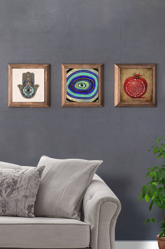 Solid (Wooden) Framed Set of 3 Stone Painting Panel 11" x 11" Fatma Ana Hand Evil Eye