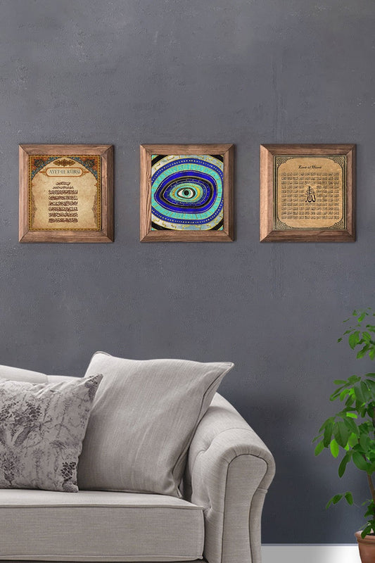 Solid (Wooden) Framed Set of 3 Stone Painting Panel 11" x 11" Ayetel Evil Eye Esmaül