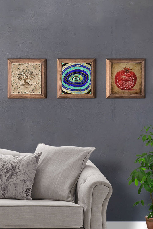 Solid (Wooden) Framed Set of 3 Stone Painting Panel 11" x 11" Pomegranate Evil Eye Tree of Life
