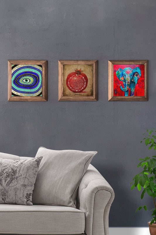 Solid (Wooden) Framed Set of 3 Stone Painting Panel 11" x 11" Evil Eye Elephant Pomegranate Prayer