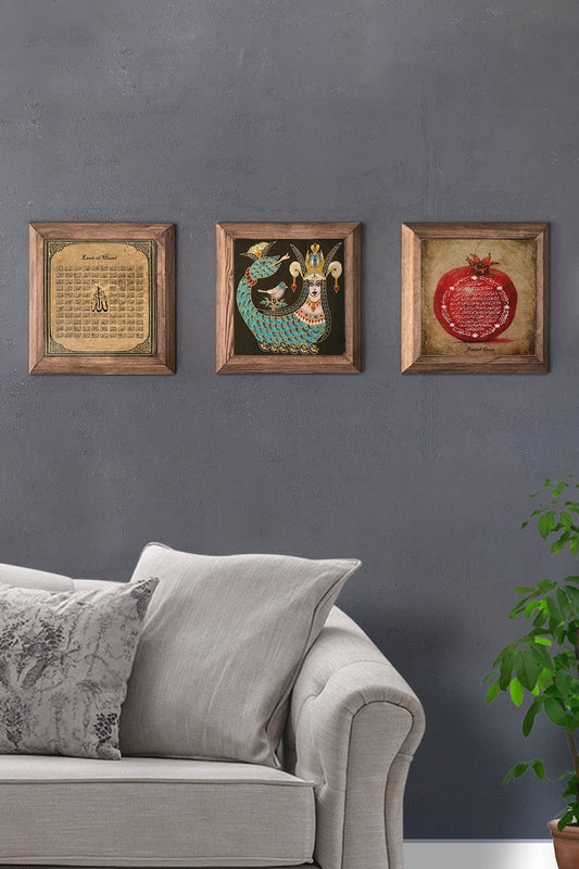 Solid (Wooden) Framed Set of 3 Stone Painting Panel 11" x 11" Esmaül Hüsna Şahmeran