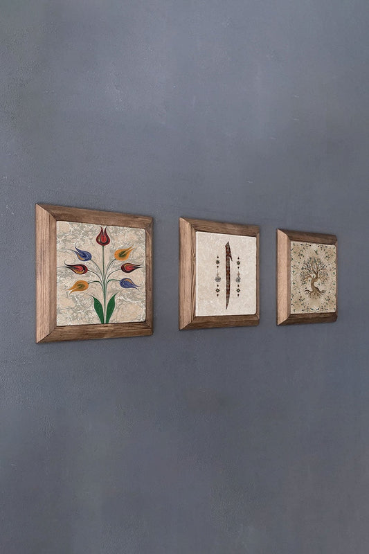 Solid (Wooden) Framed Set of 3 Stone Painting Panel 11" x 11" Ebruli Elif Tree of Life