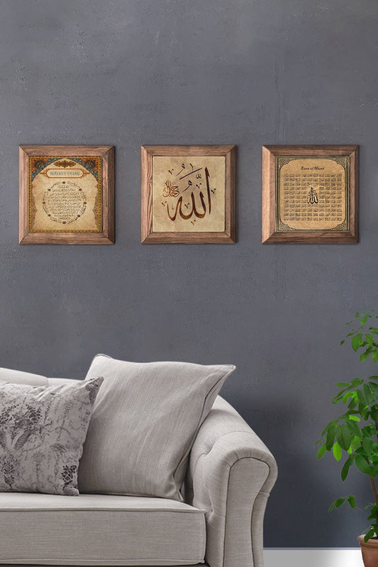 Solid (Wooden) Framed Set of 3 Stone Painting Panel 11" x 11" Esmaül Bereket Allah