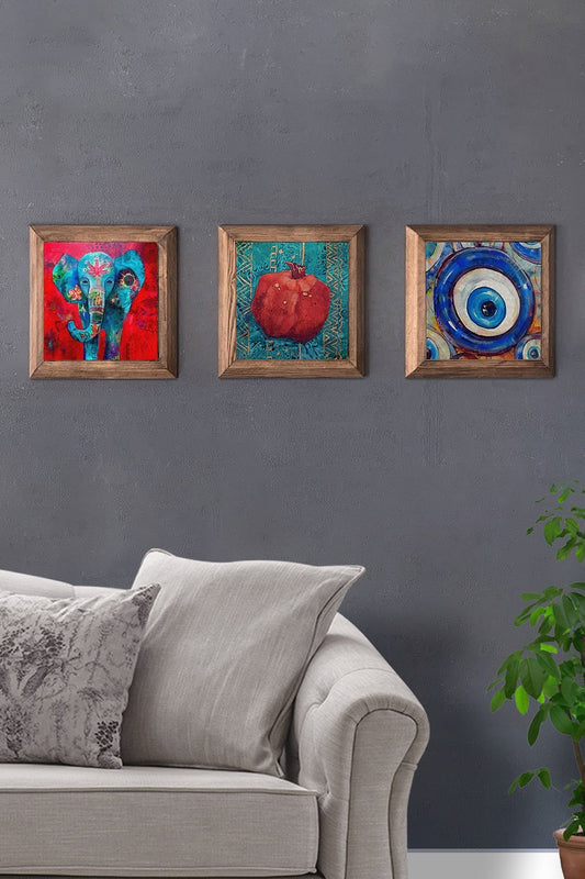 Solid (Wooden) Framed Set of 3 Stone Painting Panel 11" x 11" Elephant Pomegranate and Evil Eye Bead