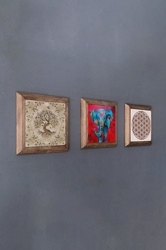 Solid (Wooden) Framed Set of 3 Stone Painting Panel 11" x 11" Elephant Tree of Life