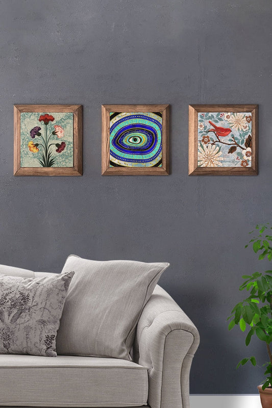 Solid (Wooden) Framed Set of 3 Stone Painting Panel 11" x 11" Marbled Whirling Dervish Bird